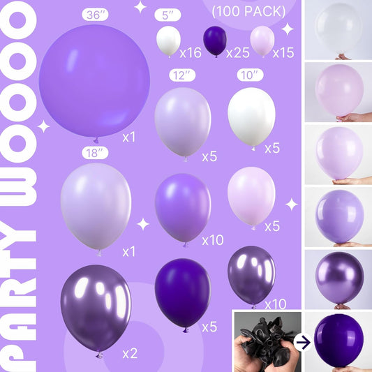 PartyWoo Purple Balloon Garland, 100 pcs Shades of Purple Balloons Different Sizes Pack of 36 Inch 18 Inch 12 Inch 10 Inch 5 Inch for Balloon Garland Arch as Party Decorations, Birthday Decorations