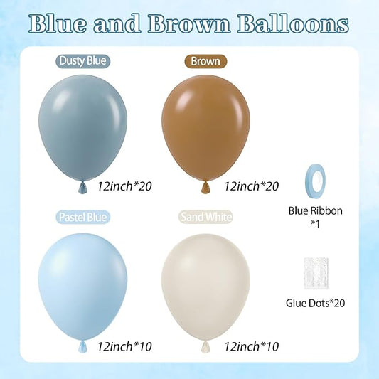 60pcs Blue and Brown Balloons 12inch with Brown Dusty Pastel Blue Sand White Balloons for One Sweet Cookie Birthday Gender Reveal Baby Shower Party Decorations