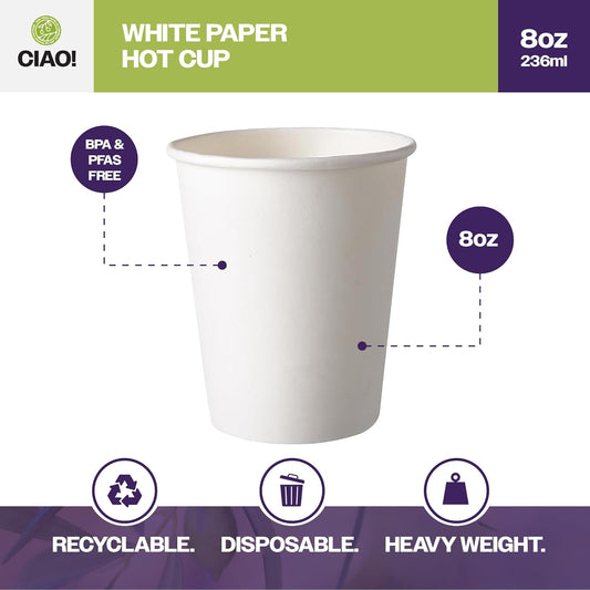 CIAO! 8oz White Paper Hot Cup, Disposable, 80mm Diameter 1,000 Count