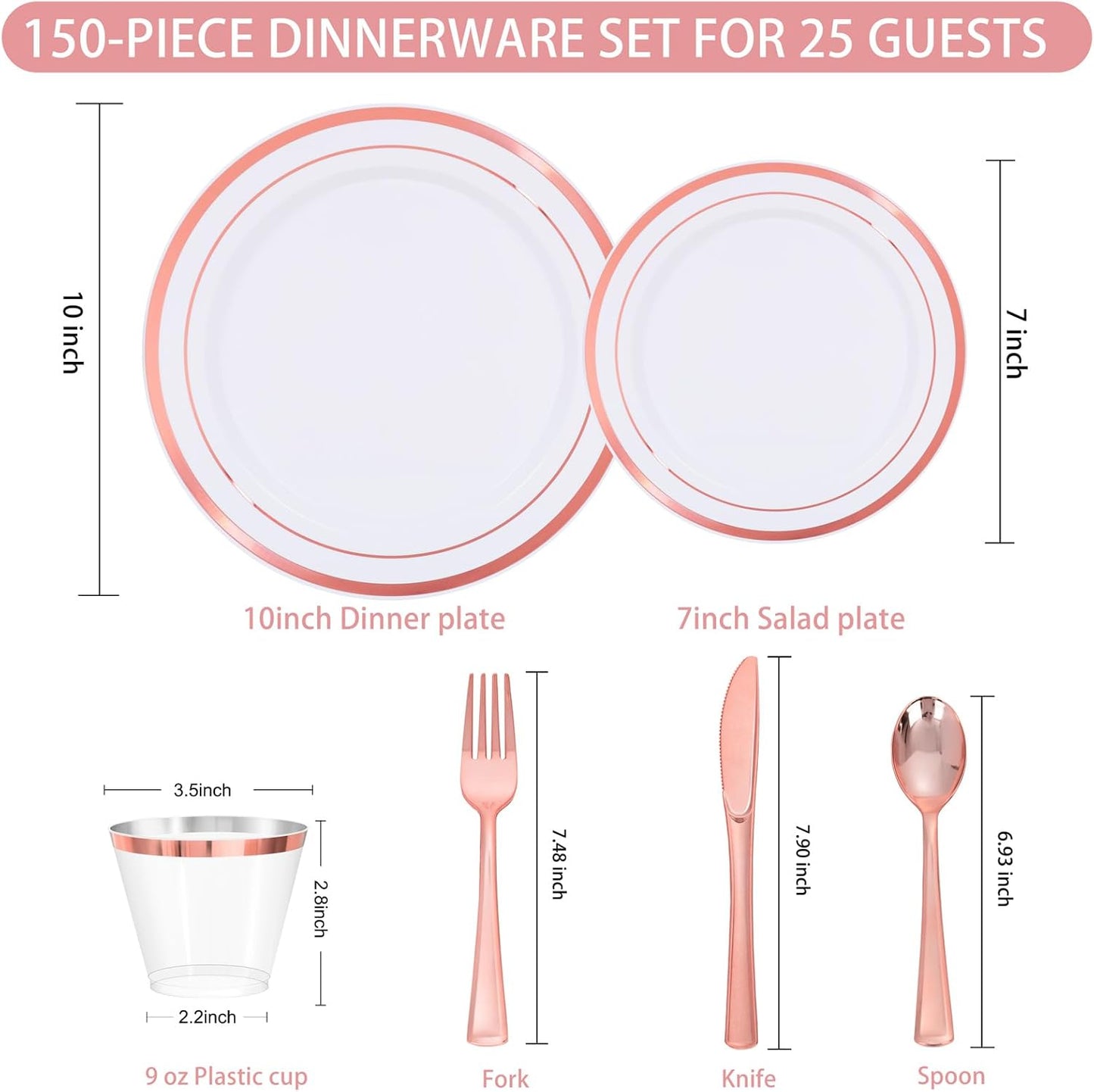 WELLIFE 150 PCS Rose Gold Disposable Dinnerware Set for 25 Guests, Valentine's Day Plate, 25 Dinner & Salad Plates, Cups, Forks Knives Spoons for Wedding Reception and Mothers Day Plates