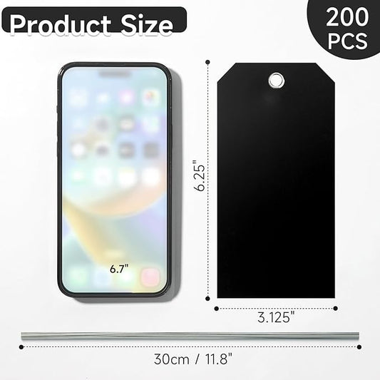 200 Pcs 6 1/4 x 3 1/8 Plastic Shipping Tags with Wire - Double-Sided Writable Price Tags for Retail - Rectangle Tie On Labels for Engraving Equipment, Garage, Moving (Black)
