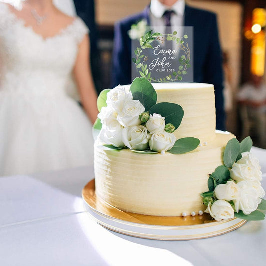 Andaz Press Eucalyptus Wreath Custom Wedding Cake Topper, Acrylic Square Personalized Couple Cake Topper