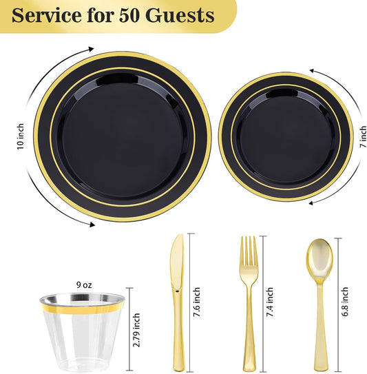 BESTVIP 300PCS Black Gold Dinnerware Set for 50 Guests, Plastic Plates for Halloween Party and Christmas, 50 Disposable Plates, 50 Dessert Plates, 50 Cups, 50 Spoons, 50 Forks and 50 Knives