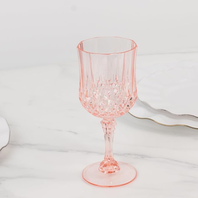 Efavormart 6-Pack Plastic Wine Glasses 8oz, Transparent Blush - Crystal Cut Shatterproof Cocktail Goblets Drinking Glasses