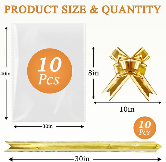 PigPotParty 30"x40" Clear Cellophane Gift Bags - Includes Bows – 10 Pack Large Cellophane Wrap for Gift Baskets, Plastic Gifts Bags for Gift Giving