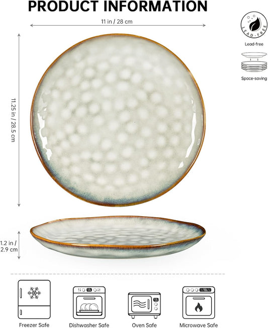 Henten Home Ceramic Dinner Plate Set, 11 Inch Porcelain Pizza, Pasta, Salad Plates, Irregular Shape Steak Plates Set of 4, Stoneware Serving Dishes for Kitchen (White)