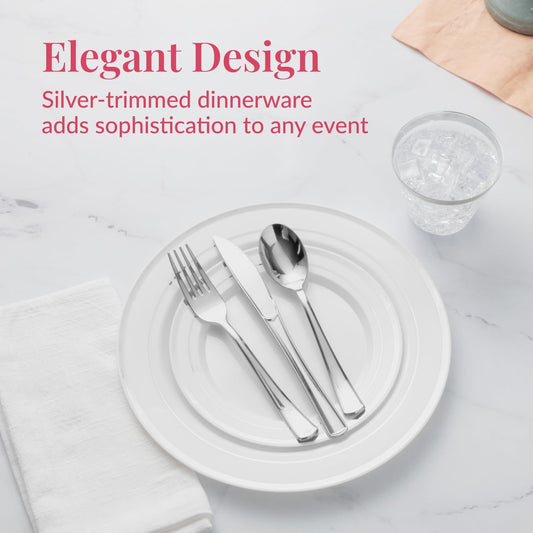 Prestee 600 Piece Dinnerware Set for 100 Guests - Elegant Disposable Silverware and Party Plates for Events - Includes Cutlery Set with 100 Dinner Plates, Salad Plate, Cups, Knives, Forks, and Spoons