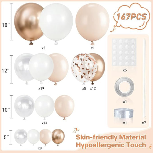 White Champagne Gold Balloon Garland Arch Kit, 167Pcs Neutral Balloons for Engagement Bridal Shower Wedding Baptism Baby Shower Boho Birthday Anniversary Decoration