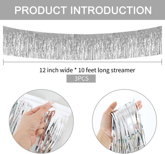 BEISHIDA 3 Packs 30 Feet Metallic Foil Fringe Garland Tinsel Streamers,Shiny Silver Wall Hanging Tinsel Fringe Banners for Wedding Birthday Party Decoration Halloween Christmas New Year