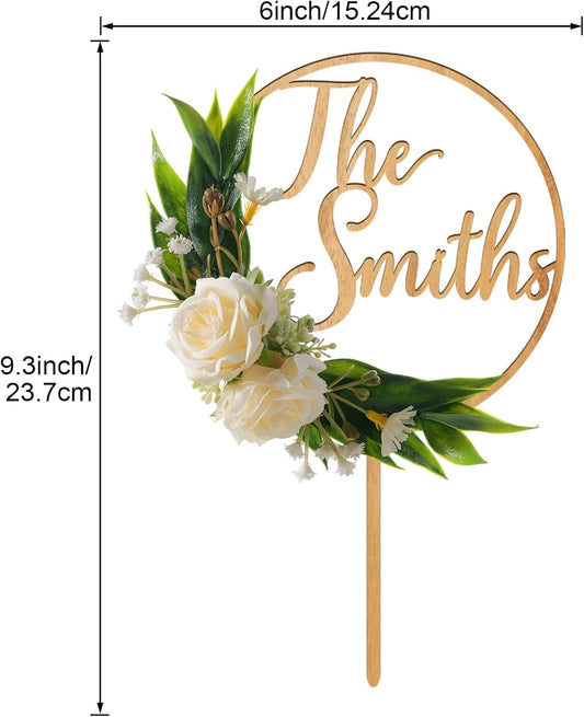 3D Flowers Wedding Cake Topper Custom Last Name Wedding Cake Decoration in Wood with 3D Artificial Roses (Oak Finish)