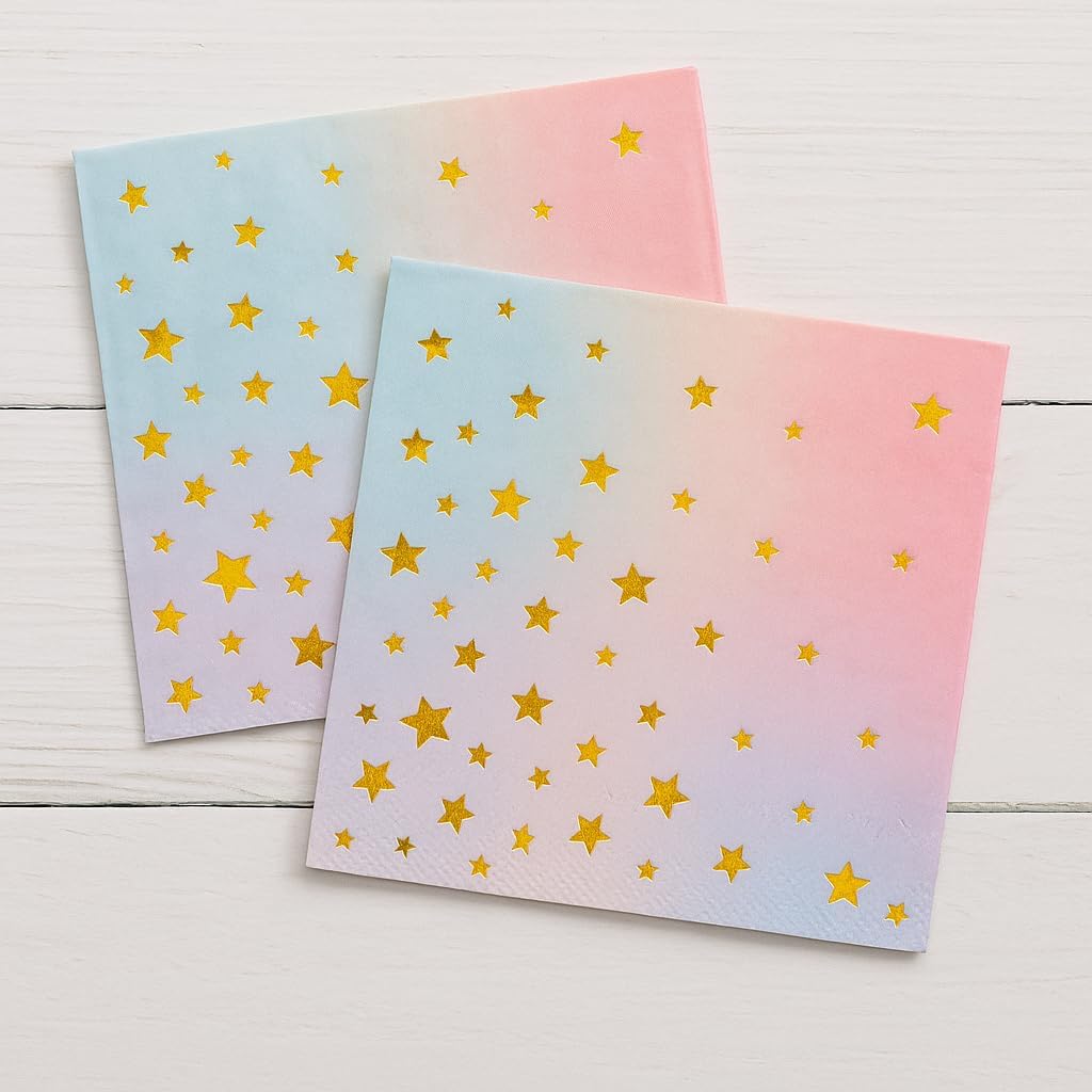 100 Gold Star Cocktail Napkins- 2-Ply Gradient paper Napkins for Parties, Weddings, Birthday, Bars & Everyday Use- Disposable Fancy Dinner Napkins (100-Pack)
