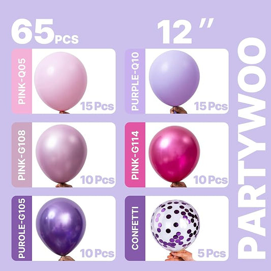 PartyWoo Pink and Purple Balloons 65pcs 12 Inch Baby Pastel Light Metallic Pink Light Purple Lavender Lilac Confetti Balloons for Baby Shower Princess Butterfly Birthday Party Decorations