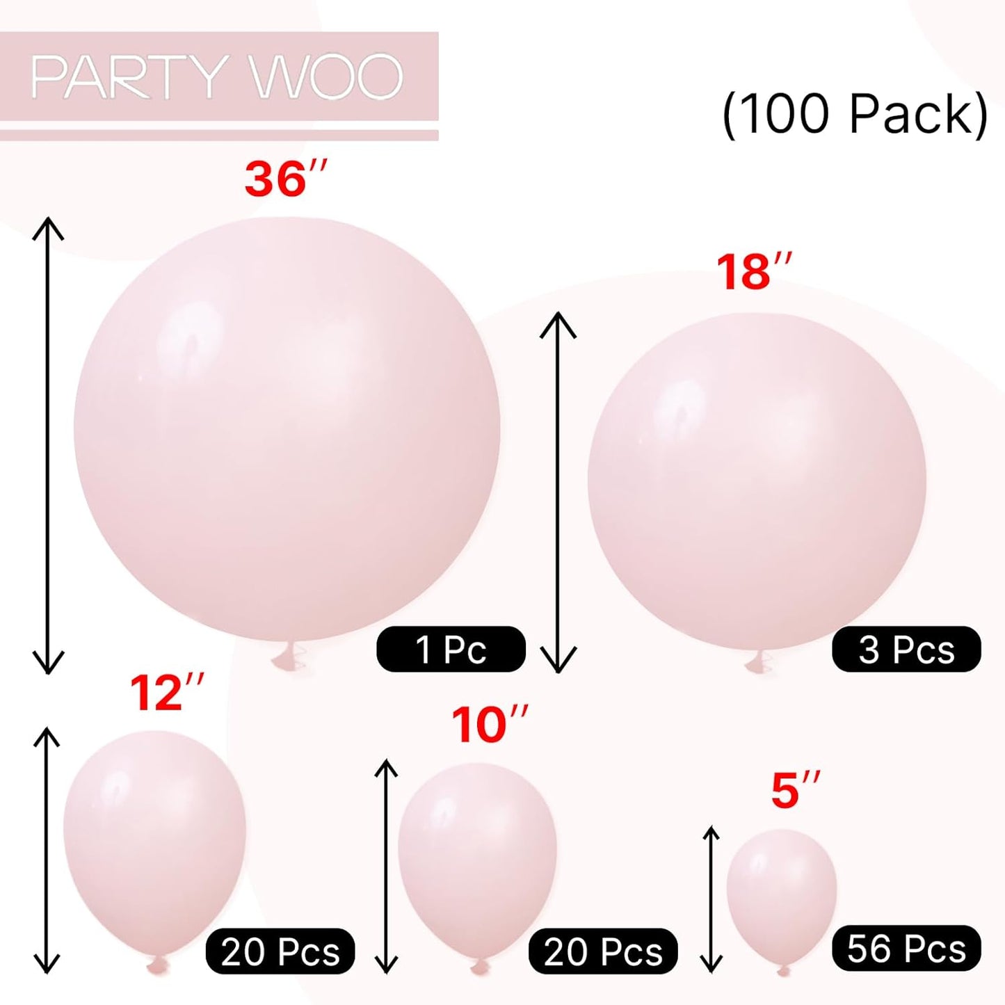 PartyWoo Light Pink Balloons 100 pcs Pink Balloons Different Sizes Pack of 36 18 12 10 5 Inch Pastel Pink Balloon Arch Kit Baby Pink Balloon Garland for Baby Shower Birthday Party Decorations Pink-Q18