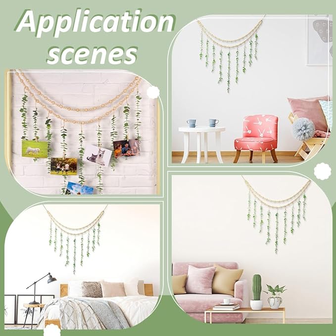 arricraft Hanging Eucalyptus Boho Wall Decor, Lime Green Artificial Eucalyptus Leaf Wall Hanging Decorations with Wooden Beads and Jute Cords for Living Room Bedroom Kitchen Decoration, 52 Inch
