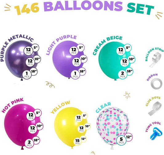 Balloon Garland Arch Kit – 146 Pcs Hot Pink, Metallic Purple, Purple, Cream Beige, Yellow & Confetti Balloons for Baby Shower, Birthday, Gender Reveal, Wedding Party – DIY Kit by Vellax™