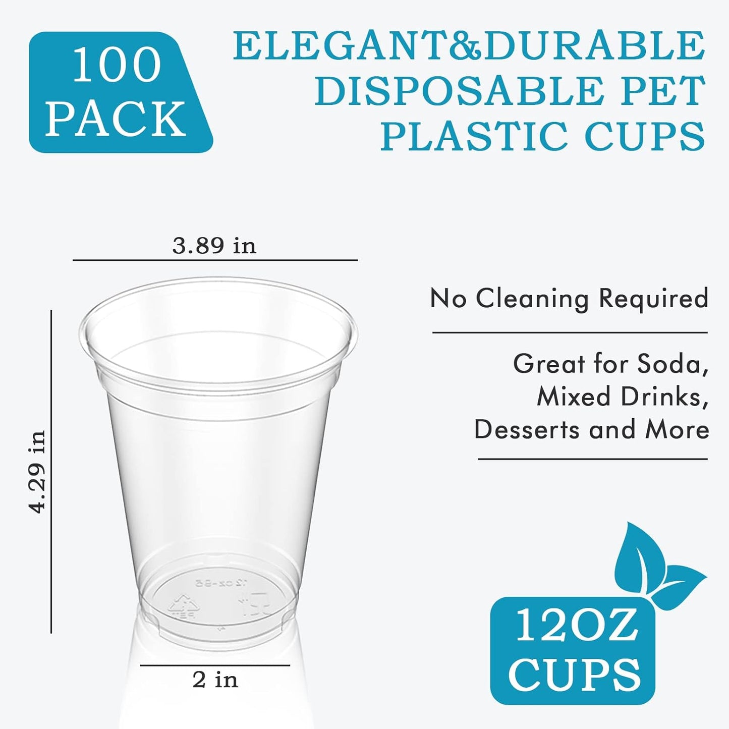 Turbo Bee 100 Pack 12 OZ Clear Plastic Cups, Disposable Crystal Plastic Party Cups for Iced Coffee, Smoothie, Slurpee, or Any Cold Drinks