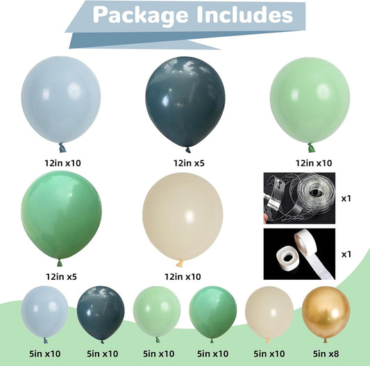 Dusty Blue Sage Green Balloon Arch Kit Slate Fog Blue Pastel Green White Sand Beige Gold Balloons Garland for Jungle Safari Birthday Baby Shower Wedding Party Decorations