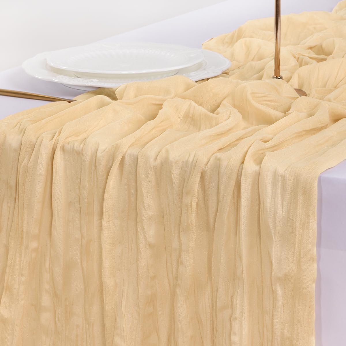 Socomi 6pcs Gold Champagne Cheesecloth Table Runner Fall Thanksgiving Boho Rustic Gauze 120 inch 10FT Cheese Cloth Runner for Wedding Party Baby Shower Birthday Home Decor Holiday Decorations