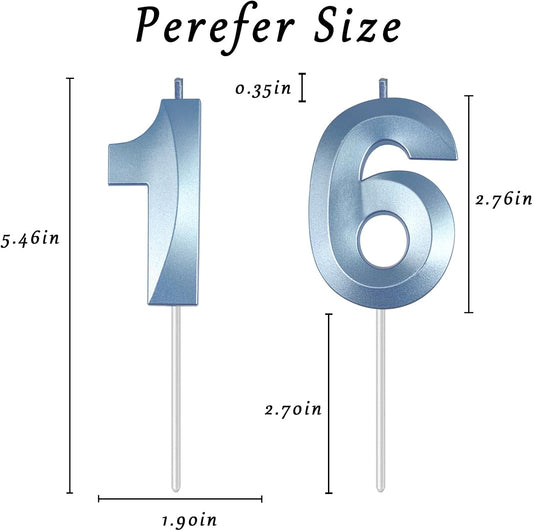 Blue Number 16 Candles, 3D Diamond 2.76 Inch Cake Topper Birthday Candles for Wedding Anniversary Cake Decorations, Happy Birthday Party Decorations