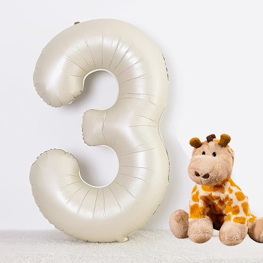 Smlpuame 40 Inch Beige Number 3 Balloons for 3rd Birthday Decorations Boys Girl, Giant Self-Sealing Cream Foil Number 0-10 White Sand Balloon for Women Men Party Anniversary Baby Shower Supplies