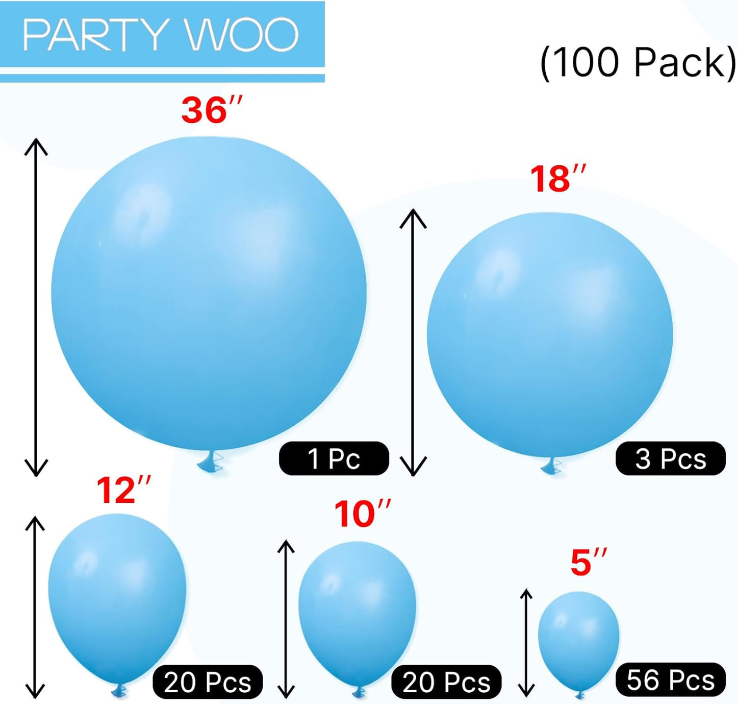 PartyWoo Bright Sky Blue Balloons, 100 pcs Matte Blue Different Sizes Pack of 36 Inch 18 Inch 12 Inch 10 Inch 5 Inch Blue for Balloon Garland Arch as Party Decorations, Blue-Y20