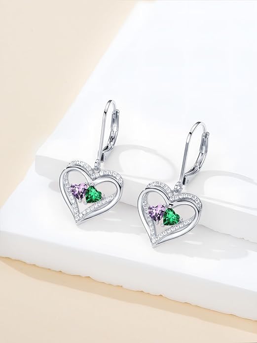 Valentines Day Gifts for Women, Heart Leverback Earrings Double Birthstone Dangle Earrings for Women, Love Jewelry for Her, Anniversary Birthday Gift for Mom Wife Girlfriend