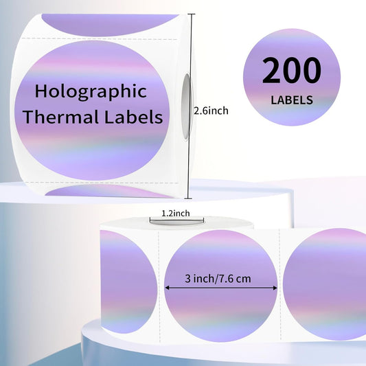 3" Holographic Direct Thermal Label Stickers, Round Printable Rainbow Glitter Thermal Printer Sticker Labels for Gift Wrapping, Self-Adhesive DIY Custom Logo Design- Holographic Purple