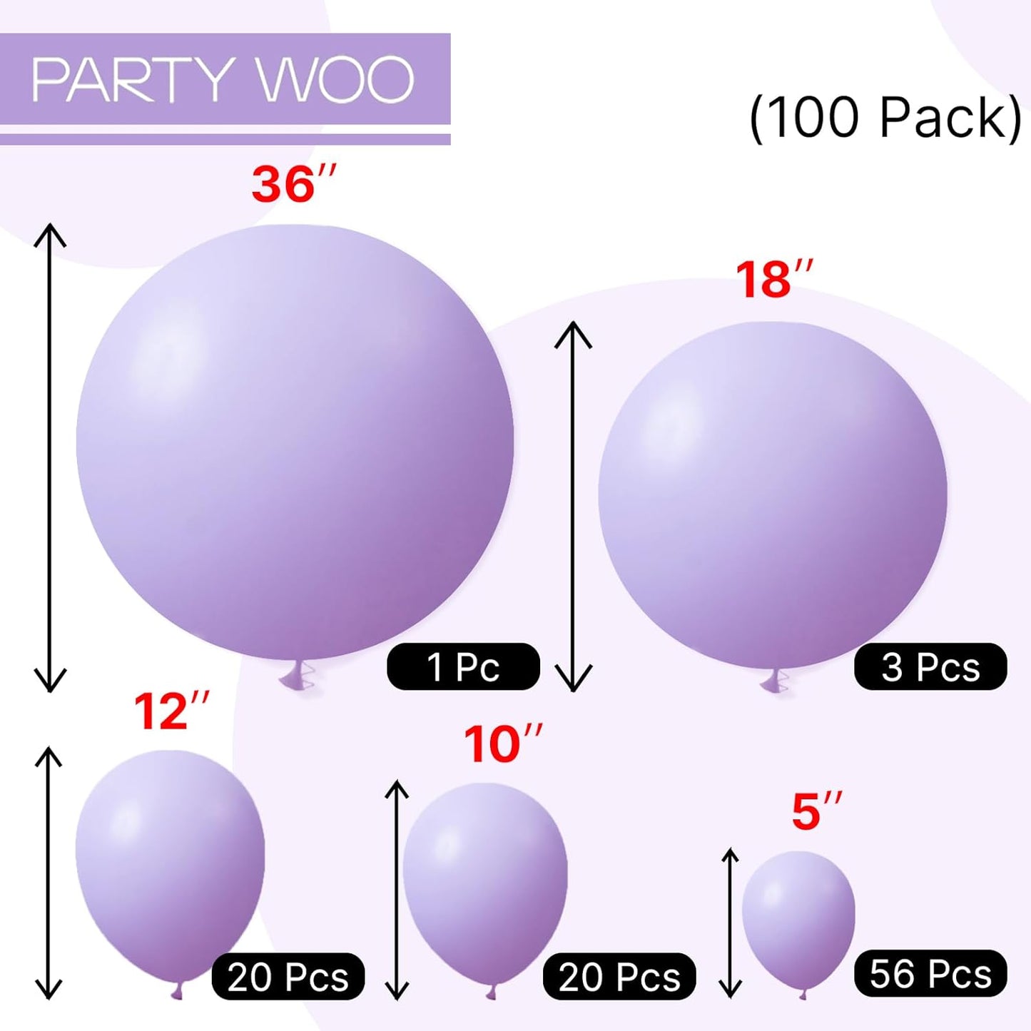 PartyWoo Pastel Purple Balloons 100 pcs Different Sizes Pack of 36 18 12 10 5 Inch Light Pastel Purple Lavender Lilac Balloon Arch Kit Garland for Baby Shower Birthday Party Decorations Purple-Q10