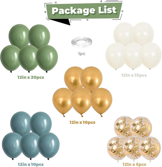 Green Blue Balloons Sage Beige Gold Balloons Jungle Woodland Party Decorations Dusty Blue Green White Balloon 60pcs 12inch Latex Balloons Gold Confetti Helium Safari Wild One Dino Birthday DIY