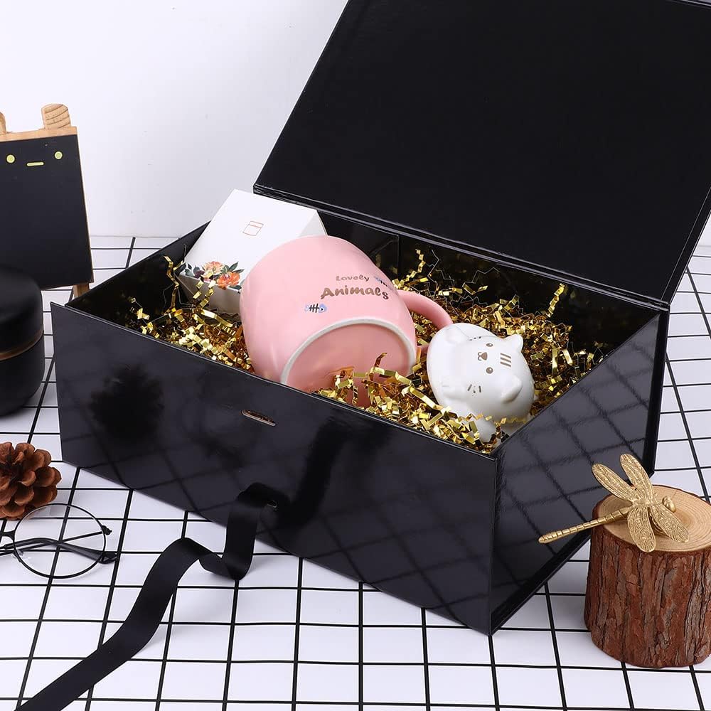 Glossy Black Bridesmaid Proposal Box - Large Gift Box with Lid, Magnetic Closure, Ribbon - 12x8x4.5 Inches