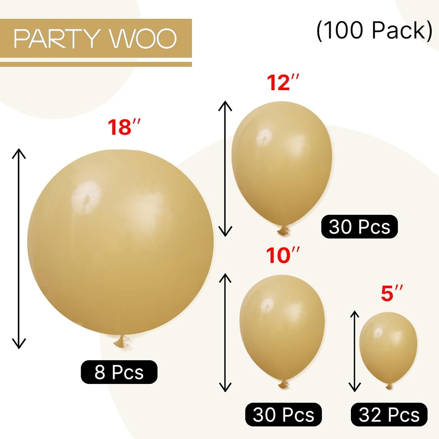 PartyWoo Tan Balloons 100 pcs Different Sizes of 18 12 10 5 Inch Light Brown Neutral Boho Coffee Balloon Arch Kit Garland for Wedding Baby Shower Safari Woodland Birthday Party Decorations Tan-F19