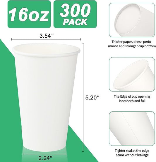 16 oz Paper Cups, 300 Pack 16oz Disposable Paper Coffee Cups, Coffee Cups 16 oz for Cold and Hot Drinks, White Paper Drinking Cups for Parties, Picnic, Cafes, Bistros and Events