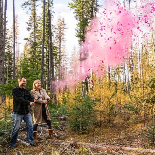 Gender Reveal Confetti 2 Pink Cannon - Powder Smoke with 100% Non-Toxic, Food-Grade Corn Starch - Air Compressed Party Popper - Big and Bright Explosion for Photo Effects (Pink)