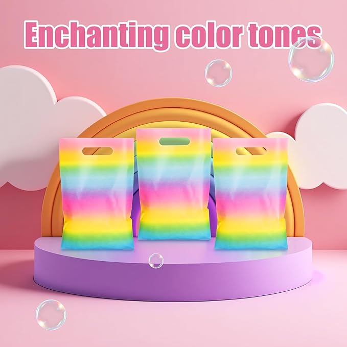 Epakh 100 Pcs Pastel Rainbow Gift Bags Bulk Plastic Summer Party favor Bags with Handles Colorful Candy Treat Goody Packing for Birthday Baby Shower Party Supplies