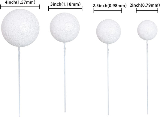 30Pcs Glitter Balls Cake Topper Foam Ball Cake Picks Mini Balloon DIY Cake Insert Topper Decoration for Baby Shower Wedding Anniversary Kids Birthday Graduation Party Cake Decorations White