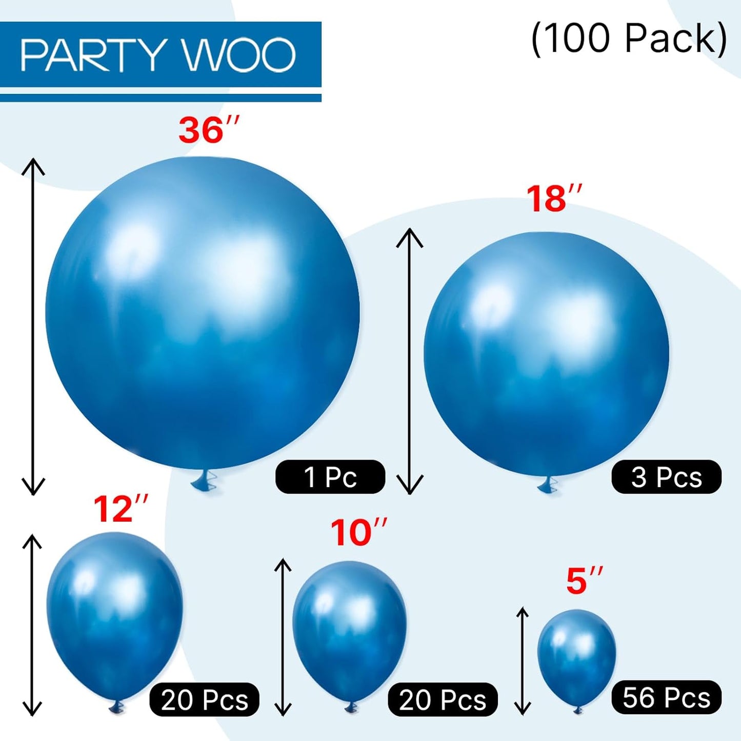 PartyWoo Metallic Blue Balloons 100 pcs Different Sizes of 36 18 12 10 5 Inch Chrome Blue Latex Balloons for Graduation Wedding Baby Shower Wedding Gender Reveal Birthday Party Decorations Blue-G106