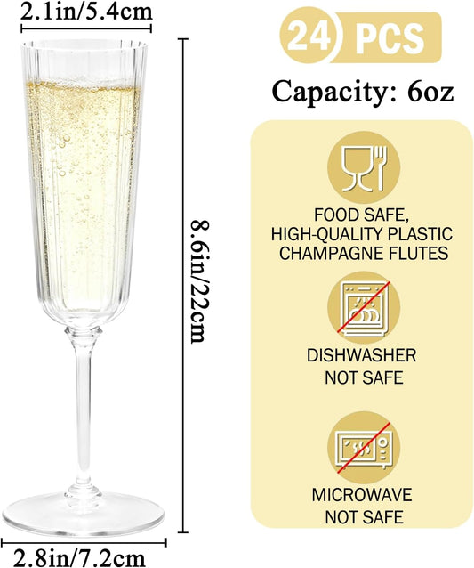 24 Pack Clear Champagne Flutes Plastic, Stripe Detachable Acrylic Champagne Glasses, Disposable Cocktail Drinking Cups, Reusable Wine Flutes, Cocktail Toasting Glasses for Wedding, Party
