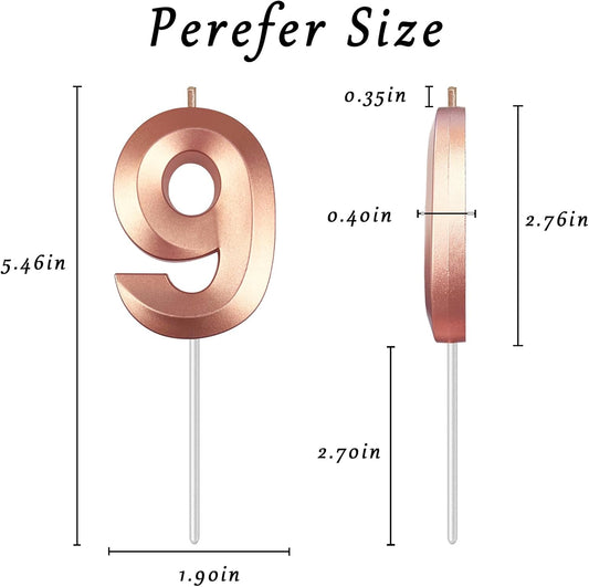 Rose Gold Number 9 Candles, 3D Diamond 2.76 Inch Cake Topper Birthday Candles for Wedding Anniversary Cake Decorations, Happy Birthday Party Decorations