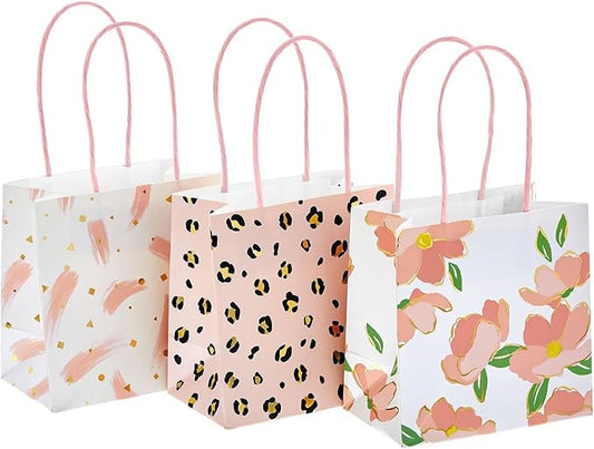 Sparkle and Bash Party Favor Bags with Handles - 12-Pack, 5 x 5 x 3 In, Pink Floral & Animal Assortment - Mini Gift Bags for Jewelry, Candies & Small Favors