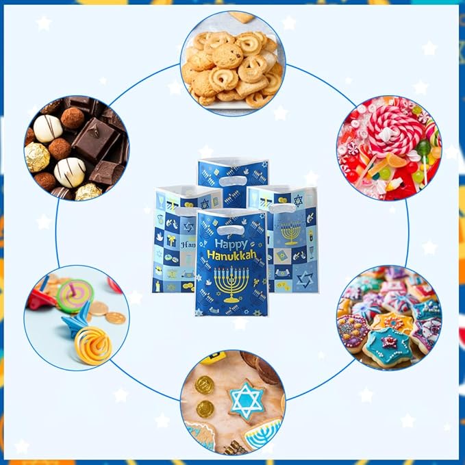 vueuKiGE Hanukkah Gift Bags, 50 PCS Hanukkah Treat Bags with Handles, 7x9.8 Inch Plastic Chanukah Gift Goodie Candy Cookie Bag Jewish Themed Party Favor Bag for Hanukkahs Party Decorations Supplies