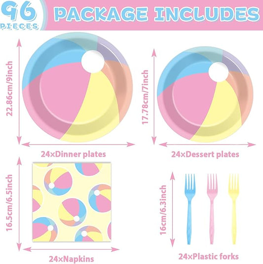 96PCS Summer Macaron Beach Ball Party Paper Plates and Napkins and Forks Set for Macaron Beach Ball Party Paper Plates Disposable Decor Summer Parties Set for Kids Birthday Gatherings Decorations