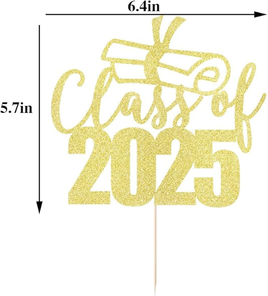 Class of 2025 Cake Topper - Congrats Grad Cake Toppers - Gold Glitter Graduation Party Decorations