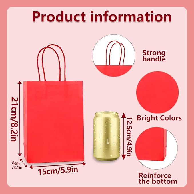 Piqiya Small Plain Kraft Paper Gift Bags with Handles - Red, 24pcs for Birthday, Wedding, Grocery, Retail, Business, Goody, Craft Bags