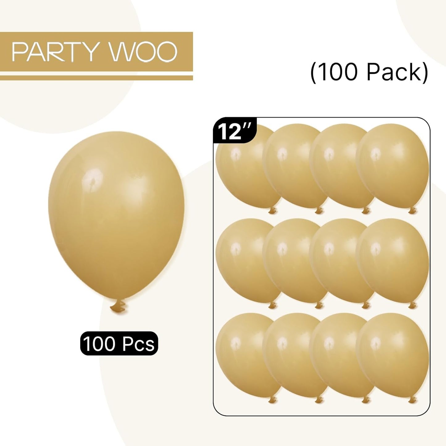 PartyWoo Tan Balloons 100 pcs 12 Inch Light Brown Neutral Boho Coffee Latex Helium Balloons for Wedding Baby Shower Gender Reveal Graduation Safari Woodland Birthday Party Decorations Tan-F19