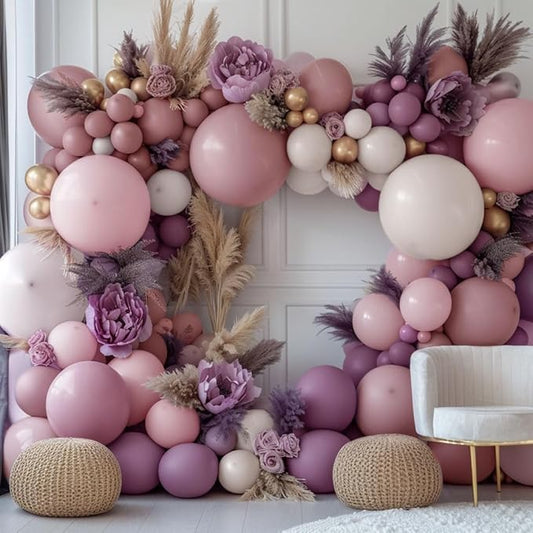 Dusty Purple Pink Balloon Garland Double Stuffed Boho Lavender Sand White Pastel Pink Lilac Gold Balloons Arch Kit for Wedding Birthday Bridal Baby Shower Floral Butterfly Party Decoration