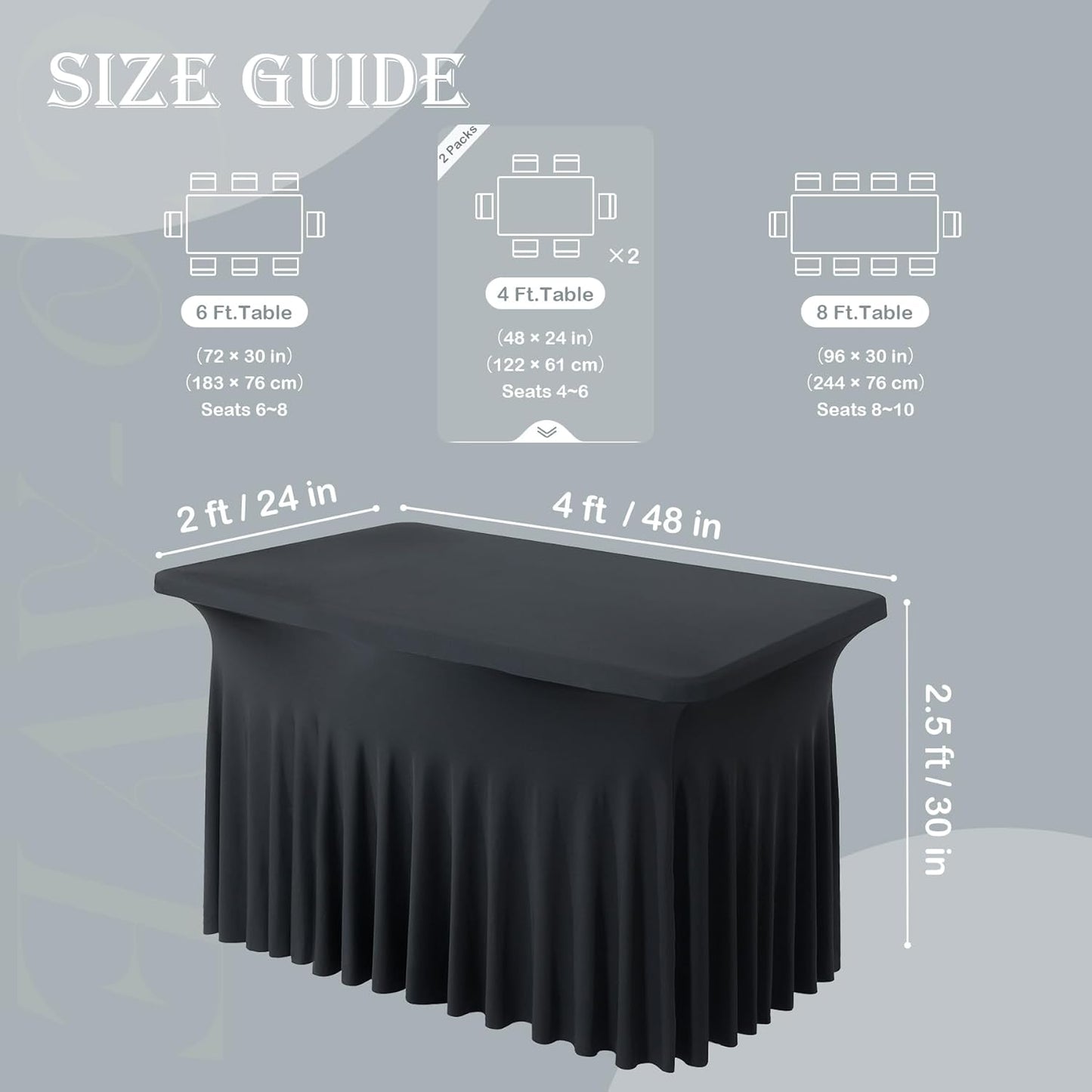 2pk Black Spandex Tablecloths 4ft for Rectangle Tables, Wrinkle Free Classy Table Skirt Stretchy Fitted Table Cloths Covers 4 Foot for Weddings Birthday Party Events Banquette Baby Shower