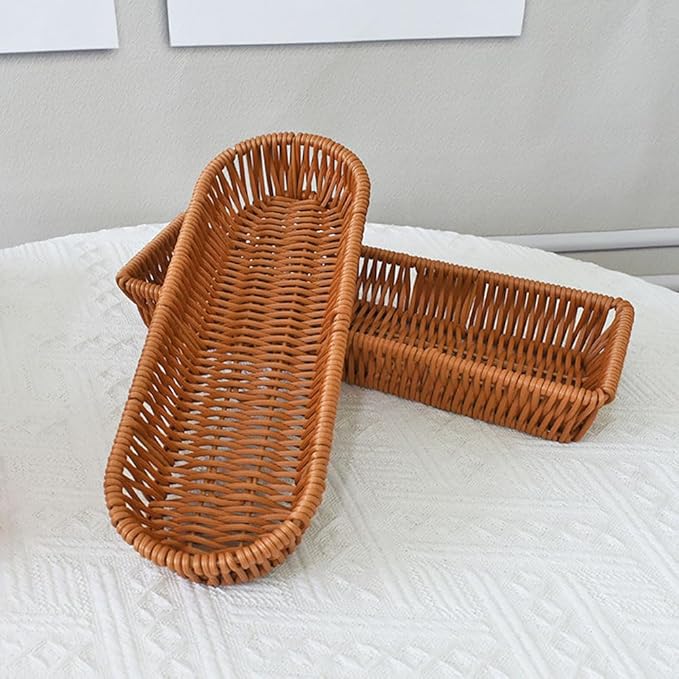 RT&BS Handwoven Utensil Basket, Artisan Mini Bread Basket, Flatware Storage Narrow Baskets for Farmhouse Kitchen, Rustic Dining Table Decor (3pcs, Oval)
