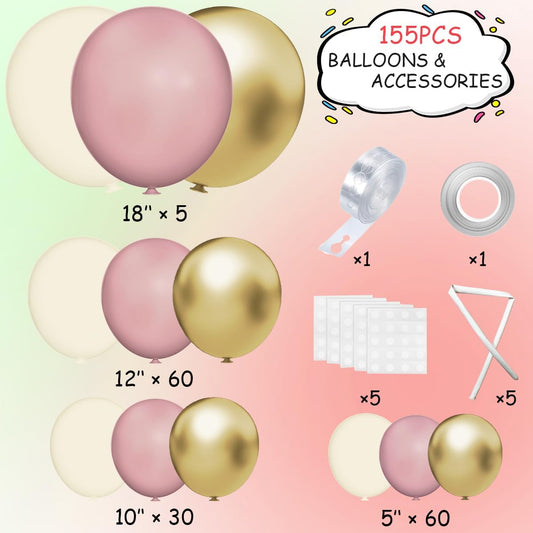Pink White Gold Balloons Arch Kit, 155Pcs Dusty Pink Matte White Metallic Gold Balloon Garland for Birthday Bridal Baby Shower Wedding Confession Proposal Party Decorations