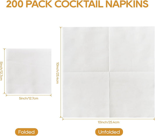 FOCUSLINE 200 Count Linen-Feel Disposable Cocktail Napkins, Soft and Absorbent Bulk Party Beverage Napkins Paper for Bar, Restaurant, Wedding, Dinner or Events, White