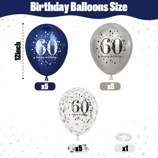 60th Birthday Decorations for Men, 15 Pieces Navy Blue Silver Happy 60th Birthday Latex Balloons Set for Him, 60th Party Decorations for Age 60 Years Old 60th Birthday Party Decor Celebration Supplies